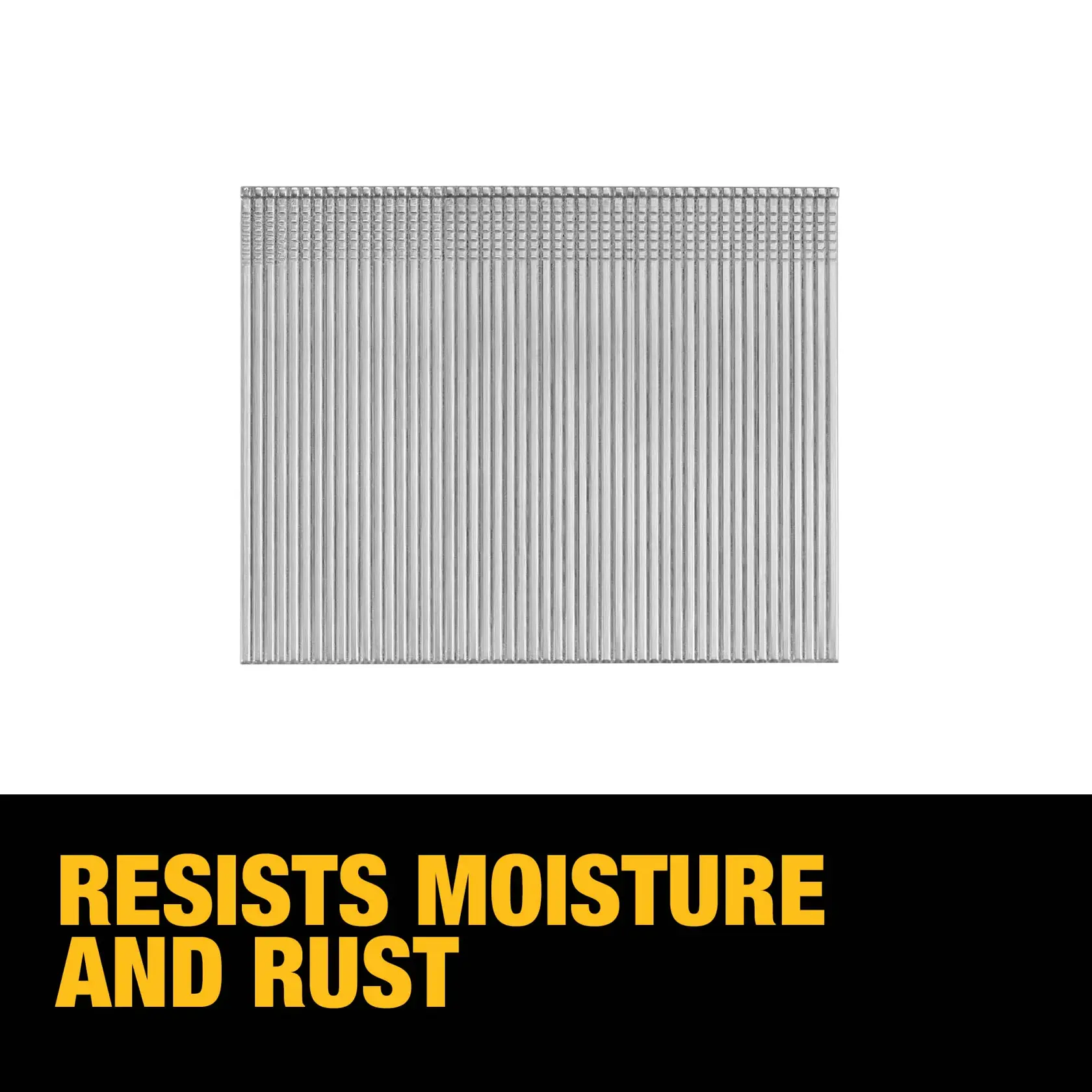 A graphic showing a set of silver DEWALT nails with text below stating 'Resists moisture and rust'.