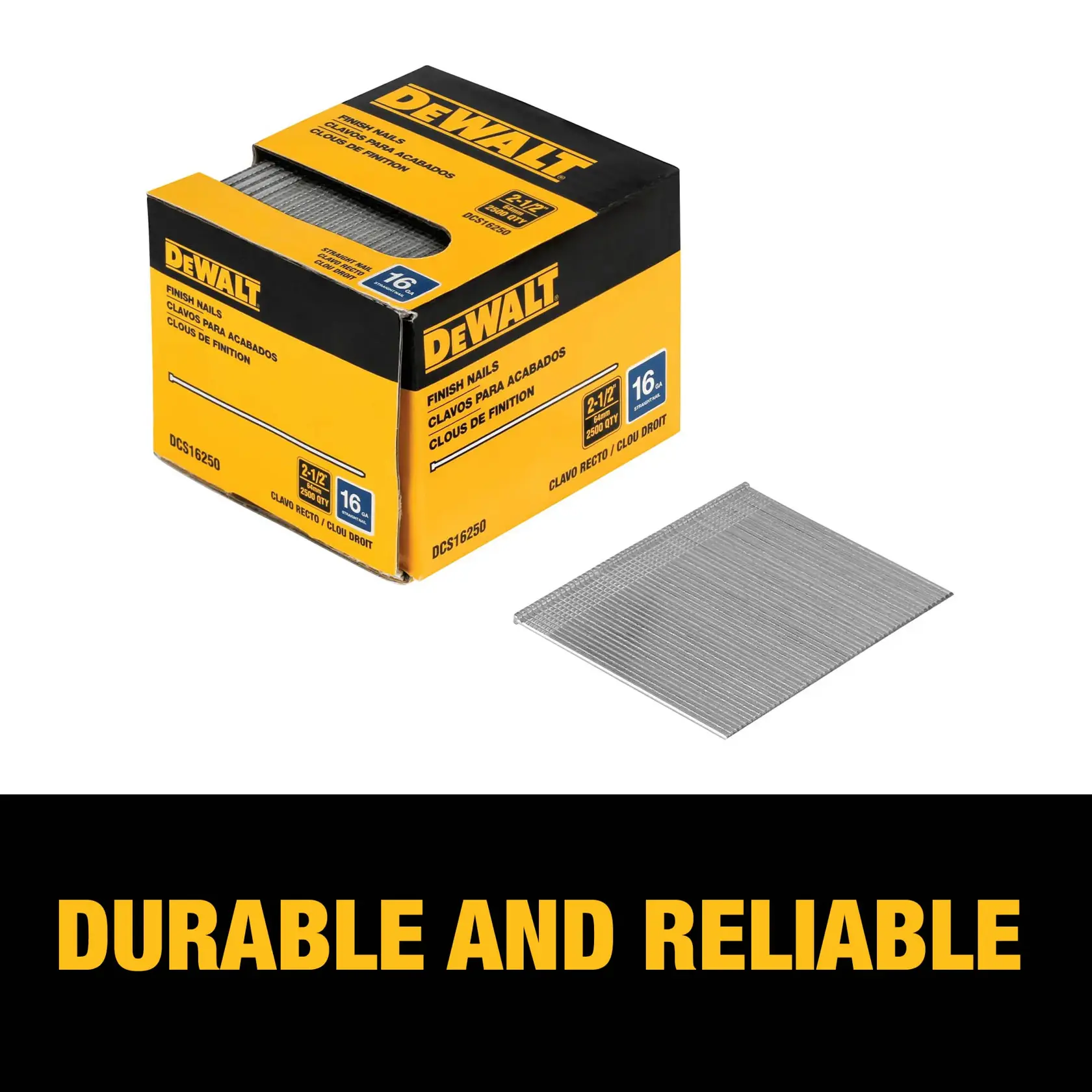 A box of DEWALT finish nails, model DCS16250, shown with a stack of nails next to it. The box is yellow and black and displays information including 2-1/2 inch length, 16 gauge, and the phrase 'Durable and Reliable.'