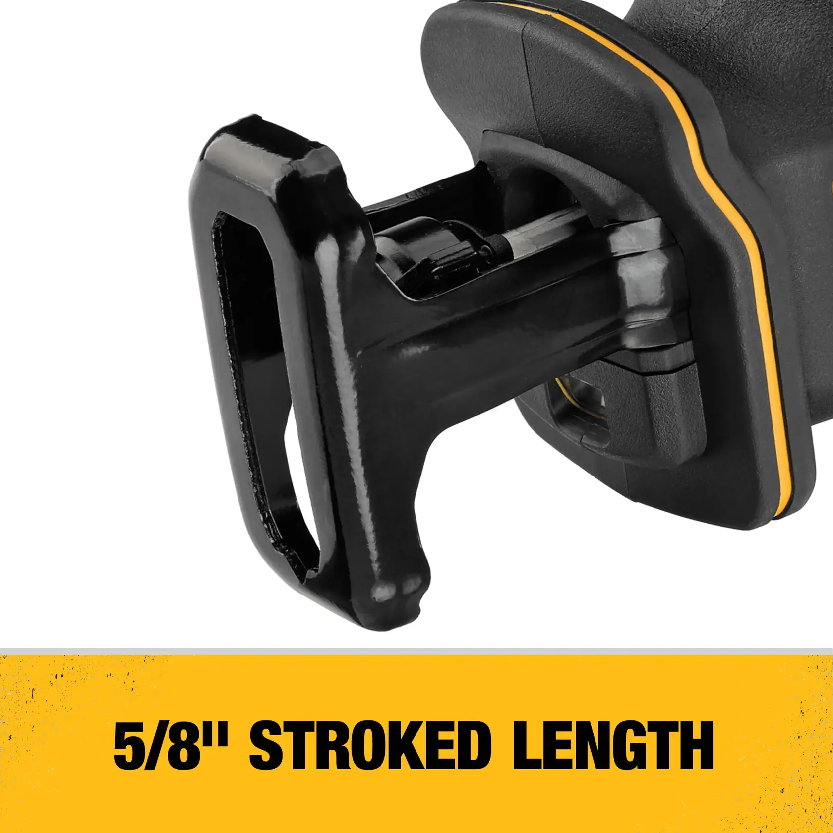 Close-up of the DEWALT DCS312B reciprocating saw front, showing the blade clamp and illustrating its 5/8 inch stroke length written in bold text on a yellow background.