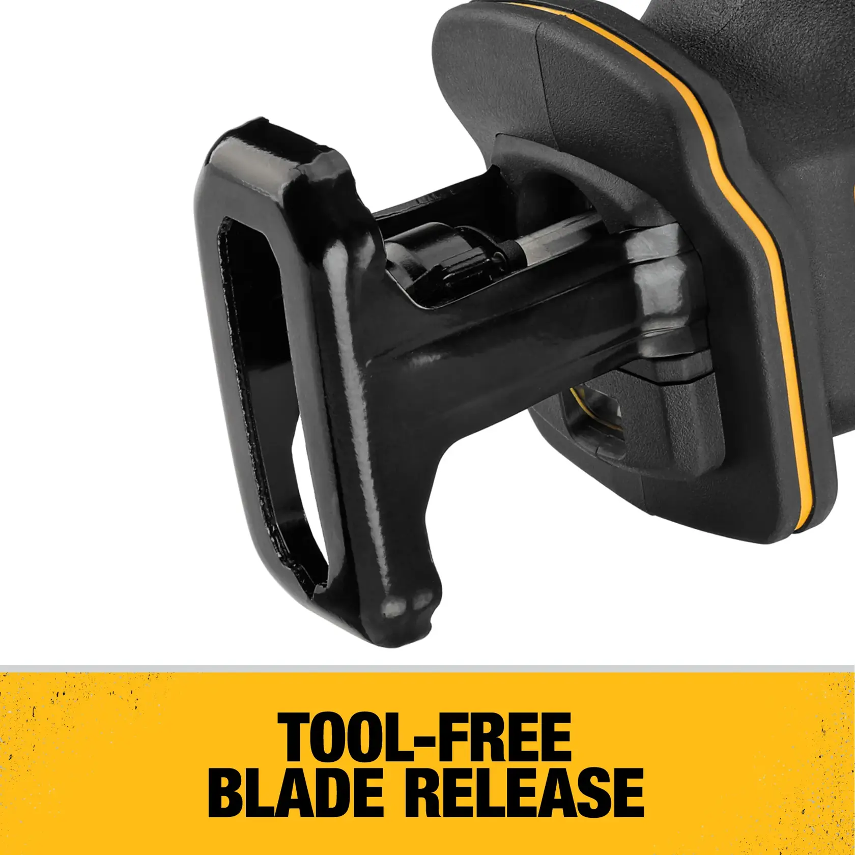 Close-up of a DEWALT power tool showing the tool-free blade release mechanism, with text on the image that says 'Tool-Free Blade Release'.