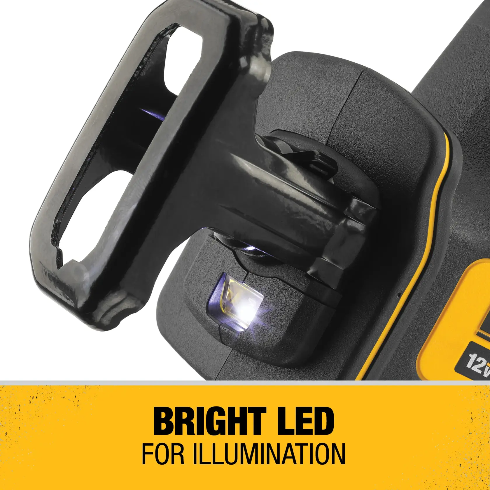 Close-up of a DEWALT power tool showing a bright LED light for illumination, with text highlighting the LED feature.