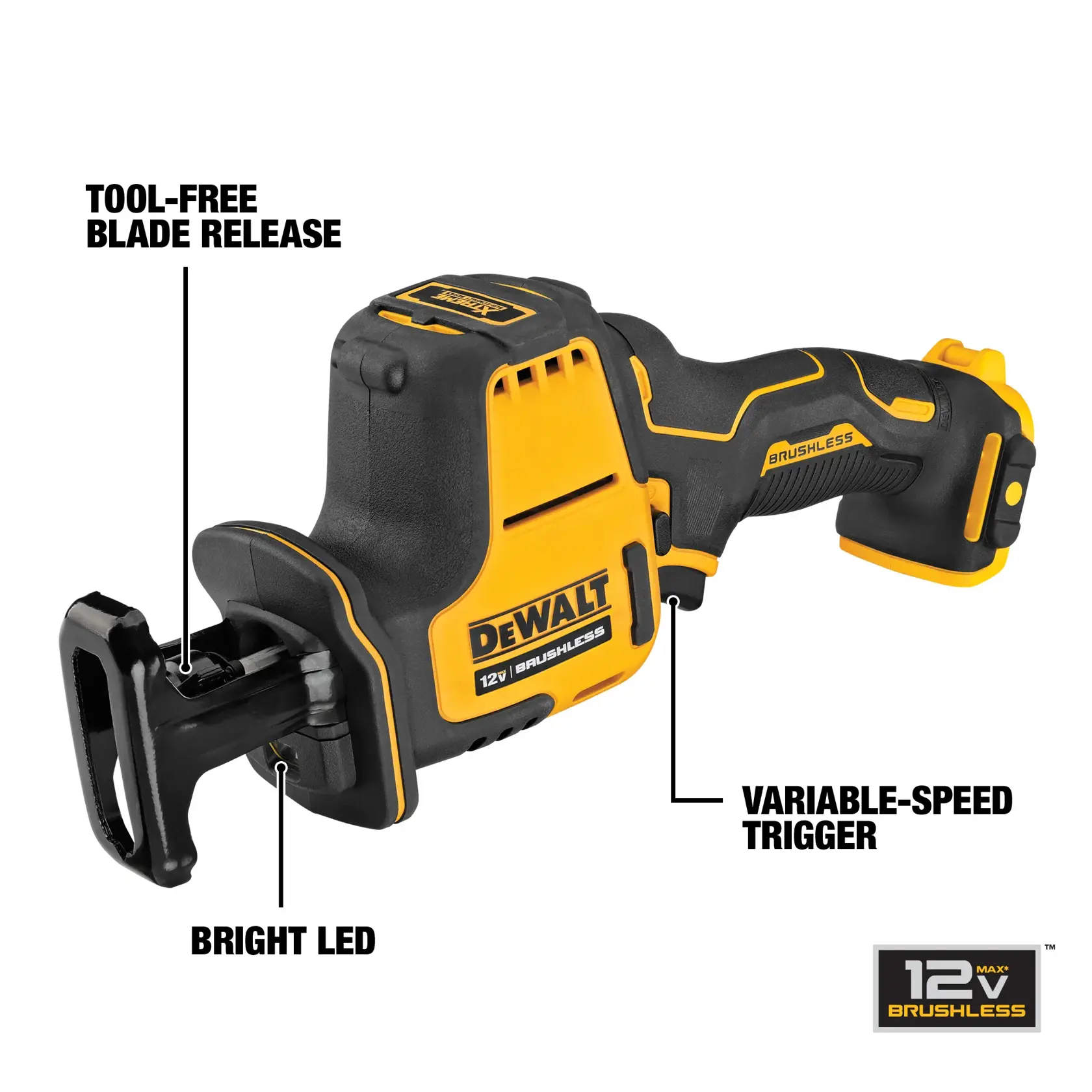 A DEWALT 12V brushless reciprocating saw with a tool-free blade release, bright LED light, and variable-speed trigger. The saw is black and yellow with brushless motor technology.