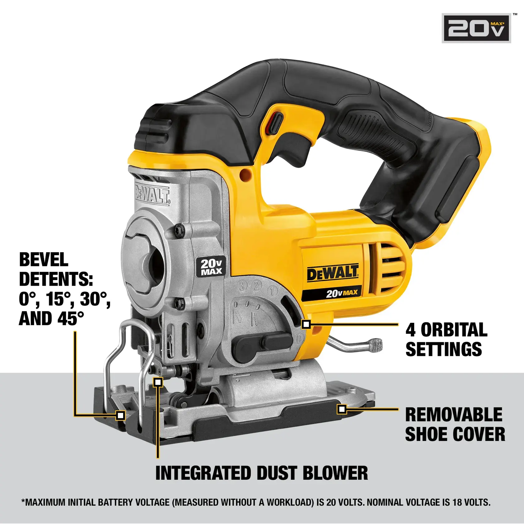 Image of a DEWALT 20V MAX cordless jigsaw tool, model DCS331B. The tool features a yellow and black design. Key features highlighted include bevel detents at 0°, 15°, 30°, and 45°, 4 orbital settings, an integrated dust blower, and a removable shoe cover. The maximum initial battery voltage is 20 volts, nominal voltage is 18 volts.