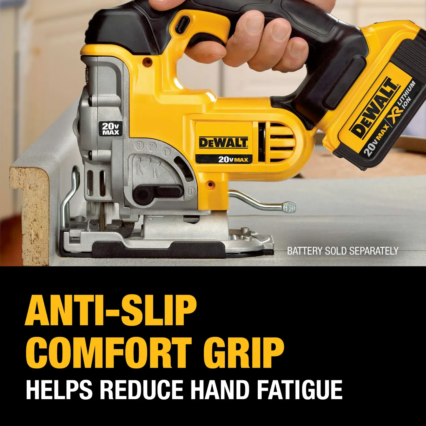 A DEWALT cordless jigsaw being used to cut a piece of wood, featuring a 20V MAX lithium battery. The lower section highlights its anti-slip comfort grip designed to help reduce hand fatigue. Text indicates battery is sold separately.