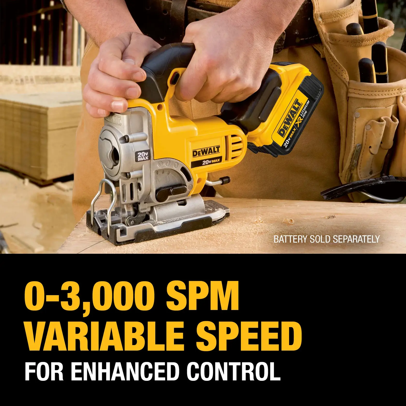 A person using a DEWALT 20V MAX cordless jigsaw to cut wood. The image highlights the jigsaw's variable speed feature, with 0-3,000 strokes per minute for enhanced control. Text also indicates that the battery is sold separately.