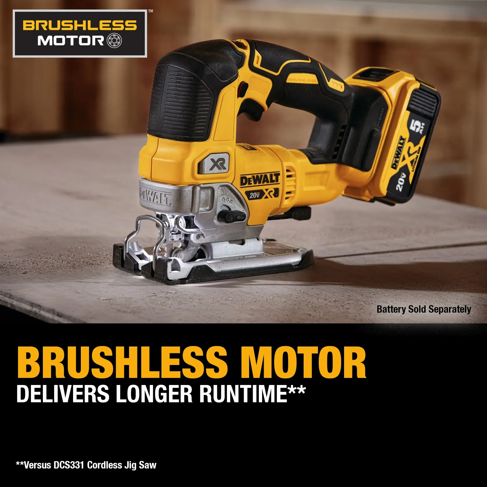 A DEWALT 20V XR cordless jigsaw with a brushless motor is shown on a work surface. The battery is attached to the tool, and text highlights 'Brushless Motor delivers longer runtime.' Battery sold separately.