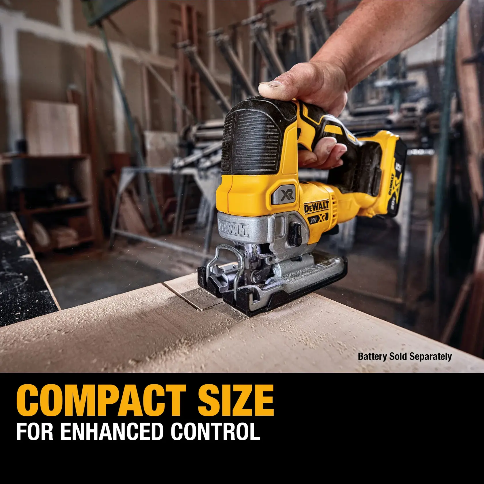 A DEWALT DCS334B cordless jigsaw being used to cut wood in a workshop. The tool is yellow and black, and the image highlights its compact size for enhanced control. Text on the image states 'Compact Size for Enhanced Control' and 'Battery Sold Separately.'