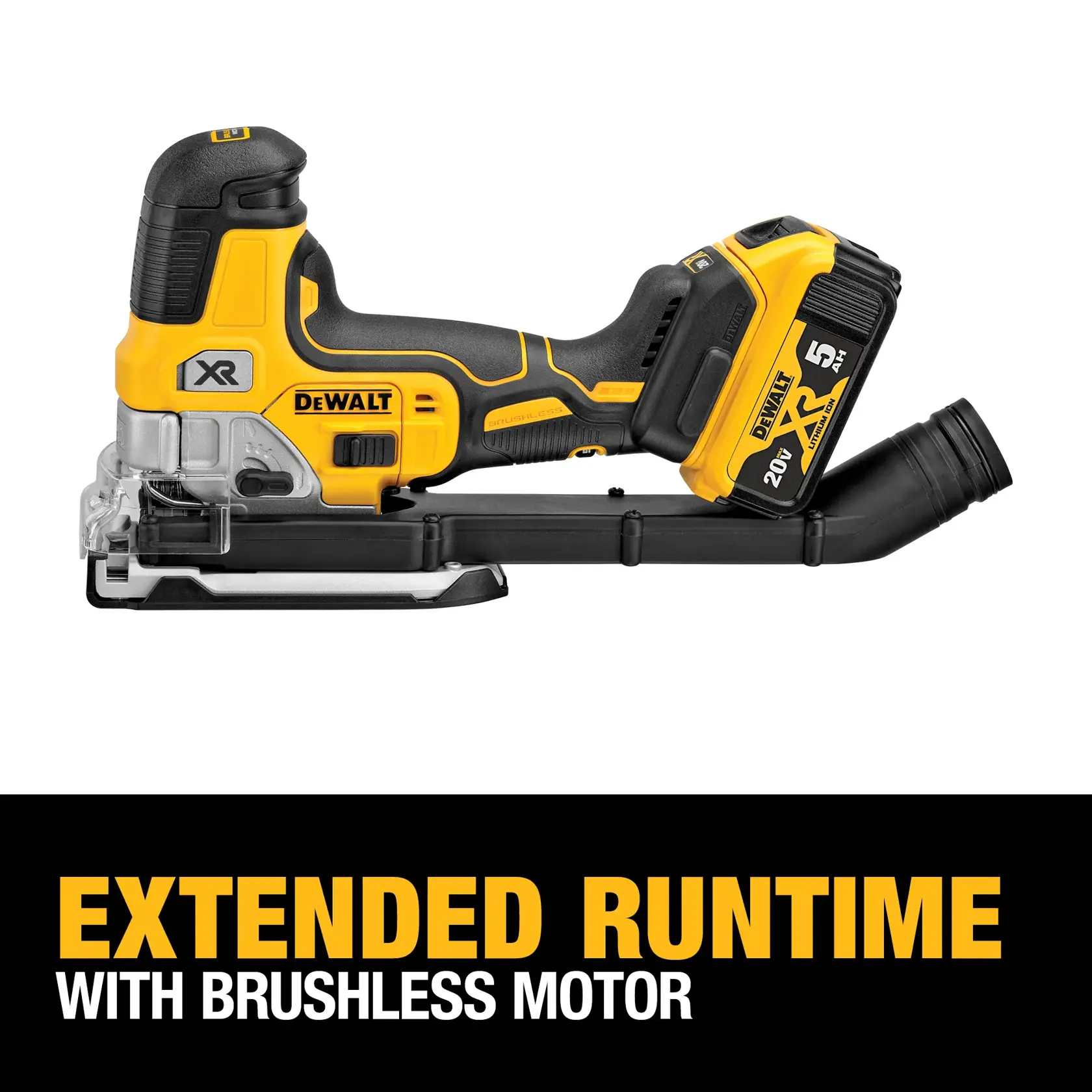 A DEWALT 20V XR cordless jigsaw with brushless motor is shown in a side view on a white background. Below the tool, text reads 'EXTENDED RUNTIME WITH BRUSHLESS MOTOR' in bold yellow and white letters.