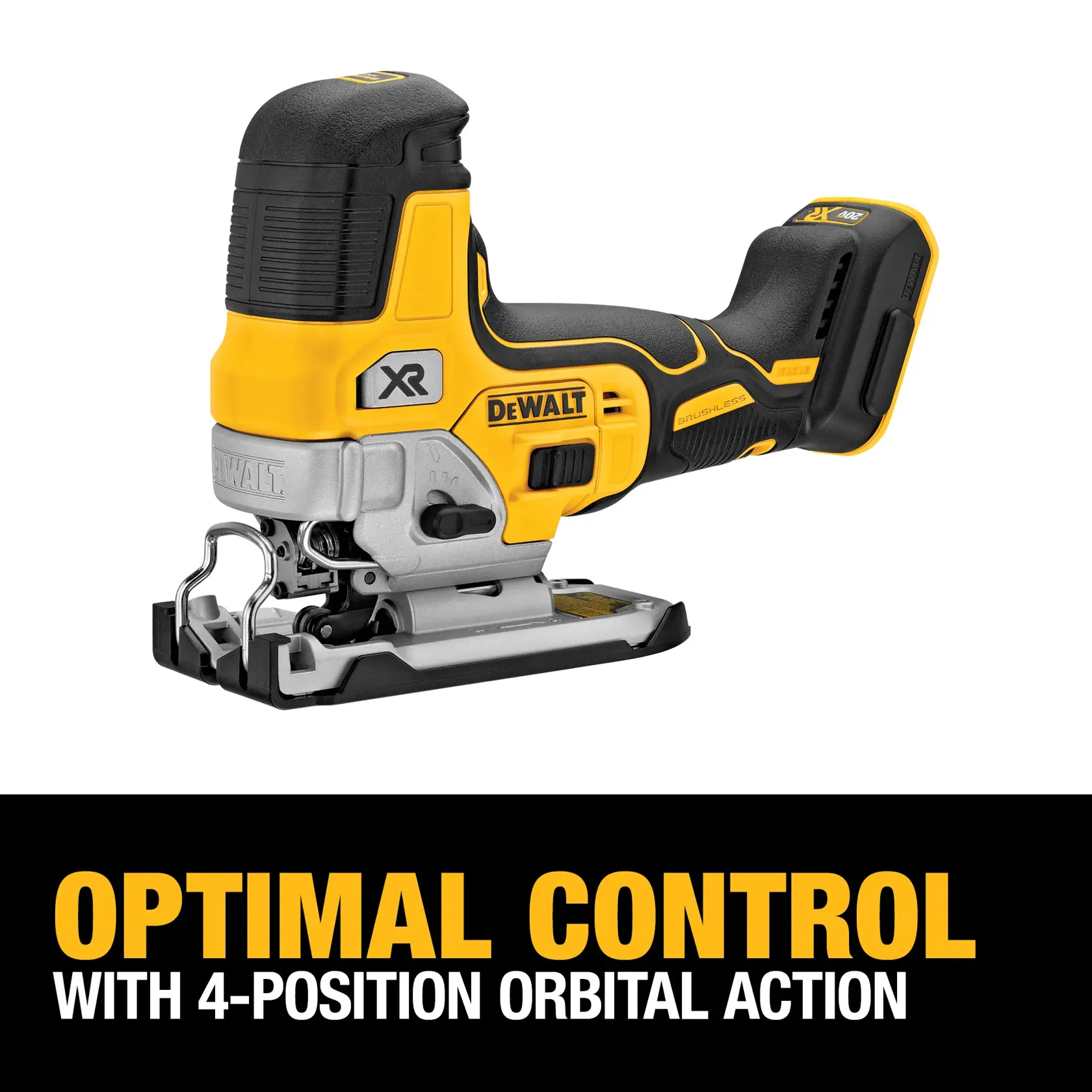 A DEWALT cordless jigsaw, model DCS335B, featuring a yellow and black design. Marketing text below highlights 'Optimal Control with 4-Position Orbital Action.'