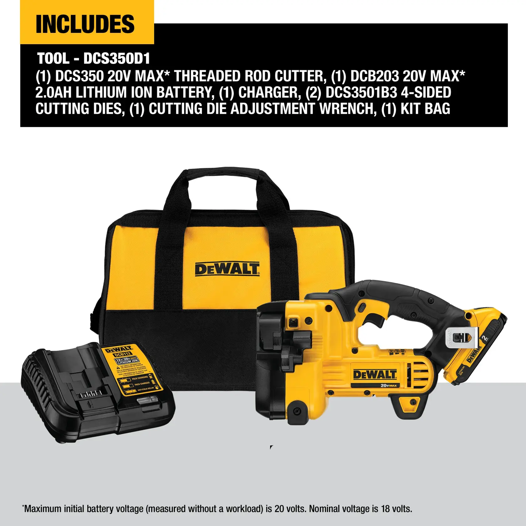 DEWALT DCS350D1 kit contents displayed, including a yellow and black branded tool bag, a 20V MAX threaded rod cutter tool with battery attached, a charger, and accessories. The image features a list of included items: DCS350 tool, DCB203 20V MAX 2.0Ah lithium ion battery, charger, two 4-sided cutting dies, cutting die adjustment wrench, and kit bag.