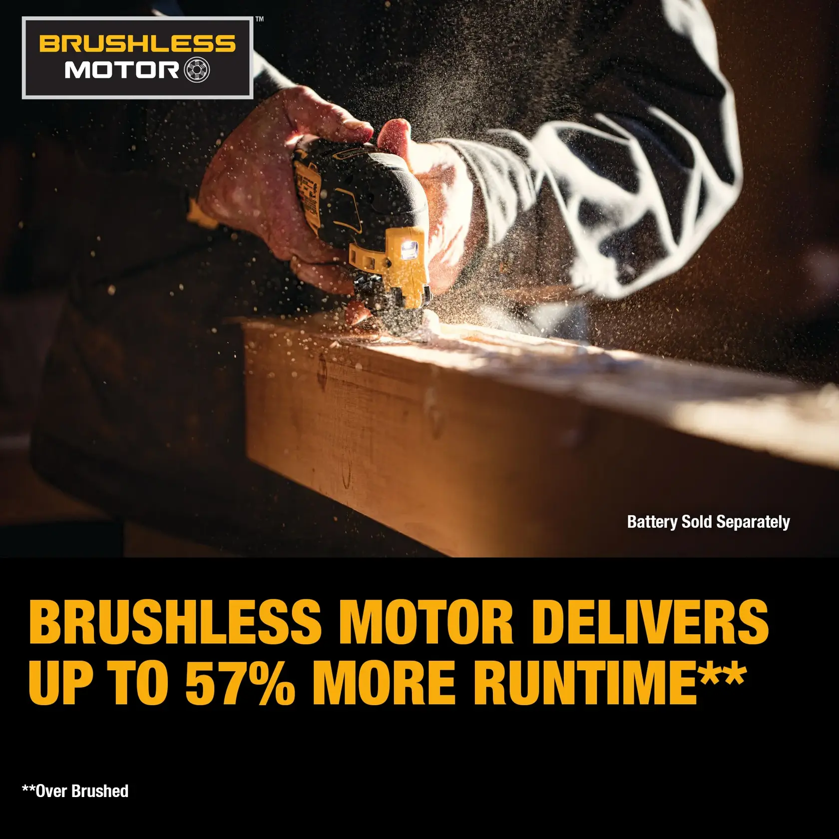 A person is using a DEWALT power tool with a brushless motor to cut wood. Dust is visible in the air. The text highlights that the brushless motor delivers up to 57% more runtime compared to brushed motors. Battery sold separately.
