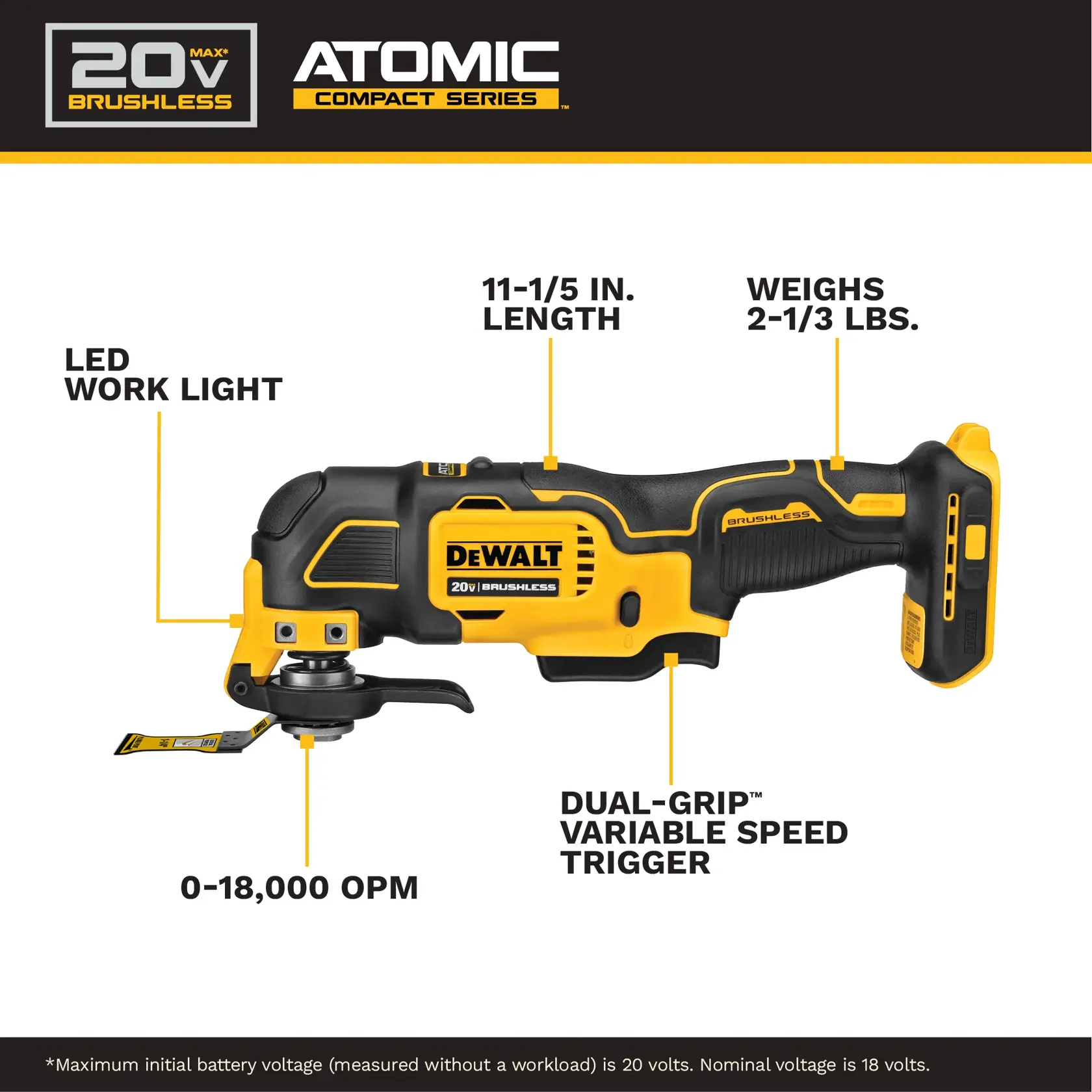 A DEWALT 20V MAX Brushless Atomic Compact Series cordless tool displayed against a white background. Key features highlighted include an LED work light, dual-grip variable speed trigger, 0-18,000 OPM speed range, 11-1/5 inch length, and a weight of 2-1/3 pounds.