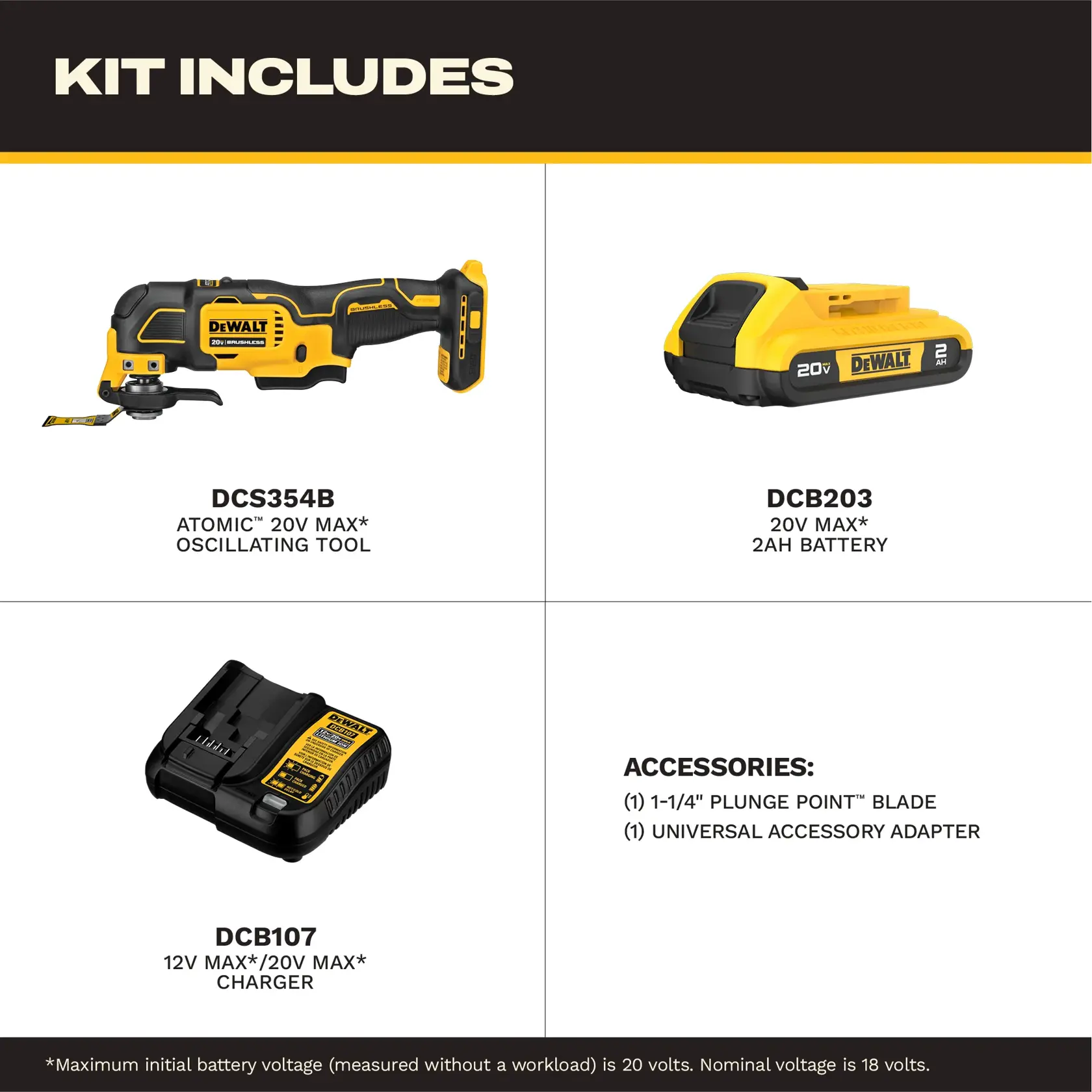 Image showing the contents of a DEWALT kit. Includes: DCS354B Atomic 20V Max oscillating tool, DCB203 20V Max 2Ah battery, DCB107 12V Max/20V Max charger, one 1-1/4 inch plunge point blade, and one universal accessory adapter. Maximum initial battery voltage is noted as 20 volts, nominal voltage is 18 volts.
