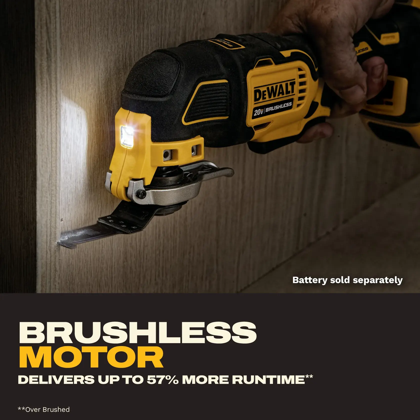 A DEWALT 20V brushless oscillating multi-tool being used to cut a wooden surface. The tool features a built-in LED light and is held by a hand. Text below highlights the brushless motor delivering up to 57% more runtime, with a note that the battery is sold separately.
