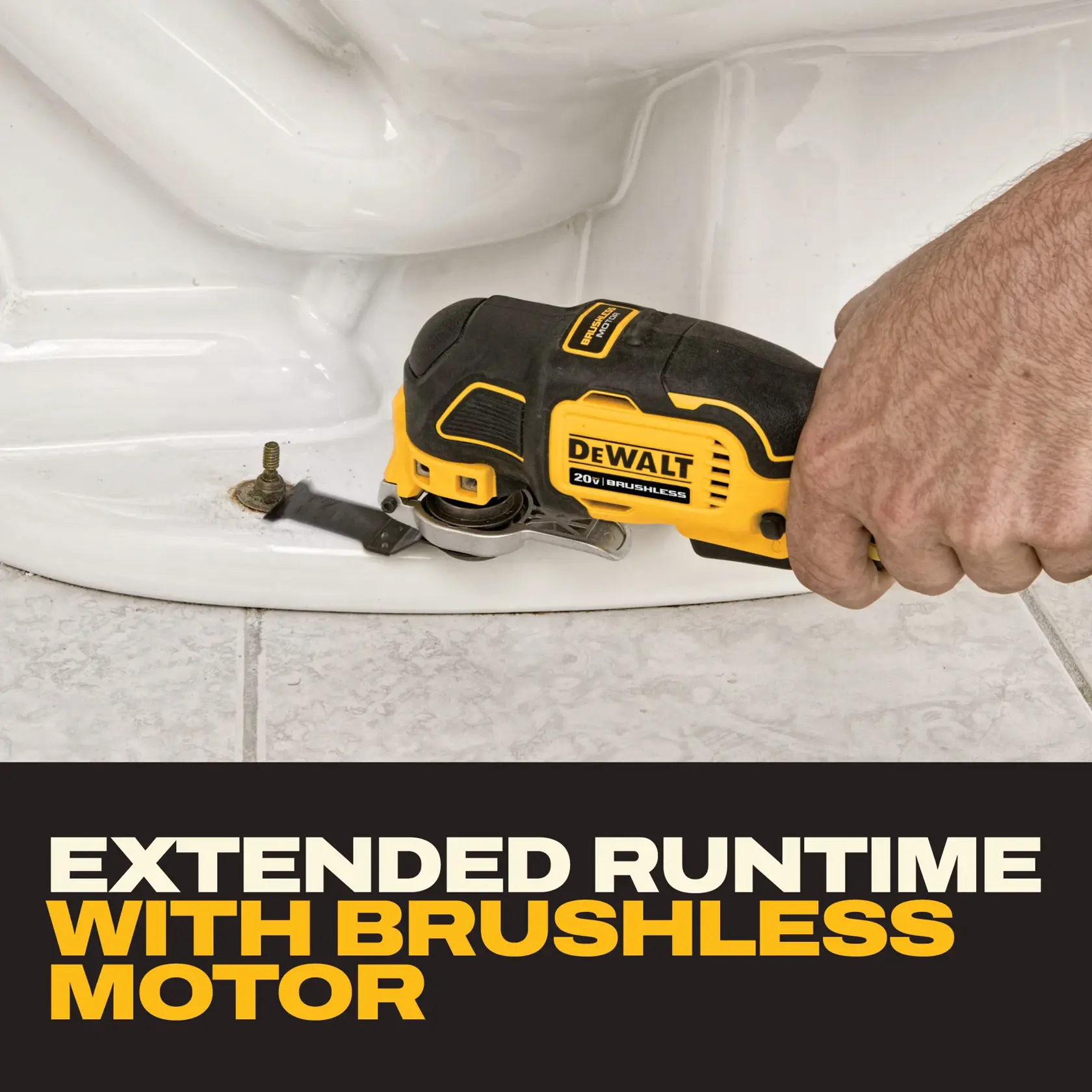 A hand using a DEWALT 20V brushless oscillating tool to cut or remove a bolt near the base of a white fixture, with the text 'Extended Runtime with Brushless Motor' displayed below.