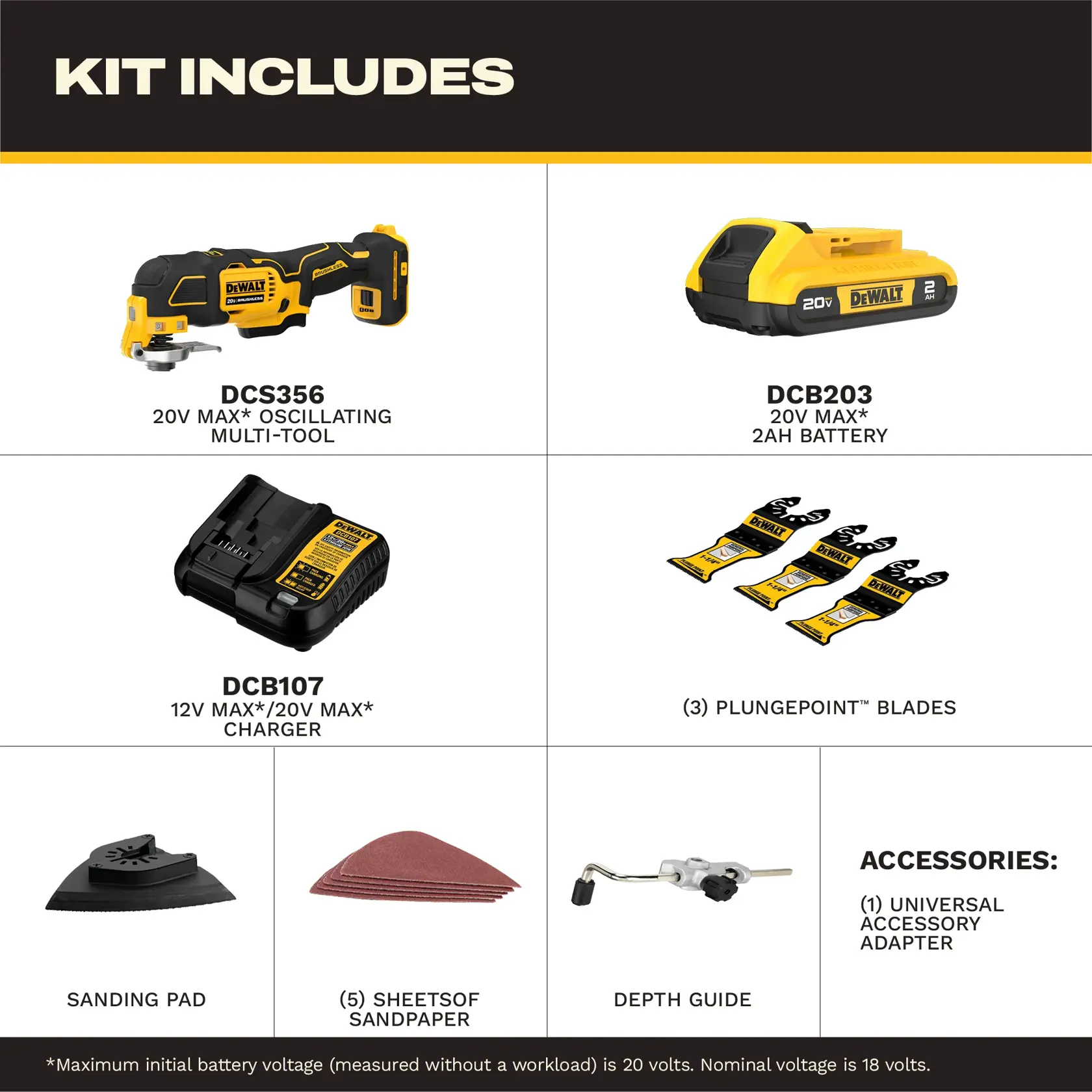 Image showing kit contents for the DEWALT DCS356D1 20V MAX oscillating multi-tool. The kit includes: DCS356 multi-tool, DCB203 20V MAX 2Ah battery, DCB107 charger, three PlungePoint blades, sanding pad, five sheets of sandpaper, depth guide, and a universal accessory adapter.