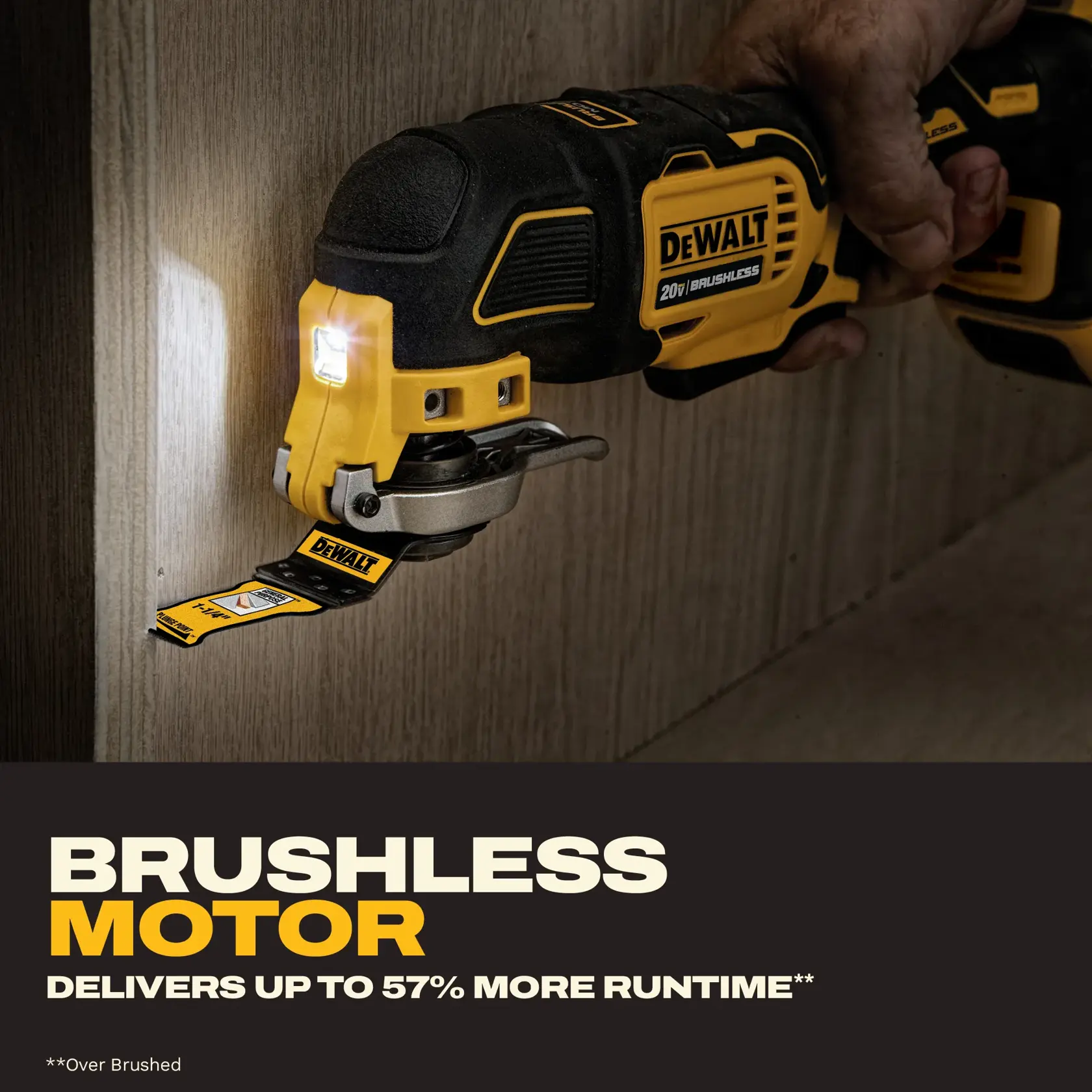 A close-up image of a DEWALT 20V brushless cordless oscillating multi-tool being used to cut wood. The tool is yellow and black with a visible LED light. Text at the bottom highlights the brushless motor feature and up to 57% more runtime compared to brushed models.