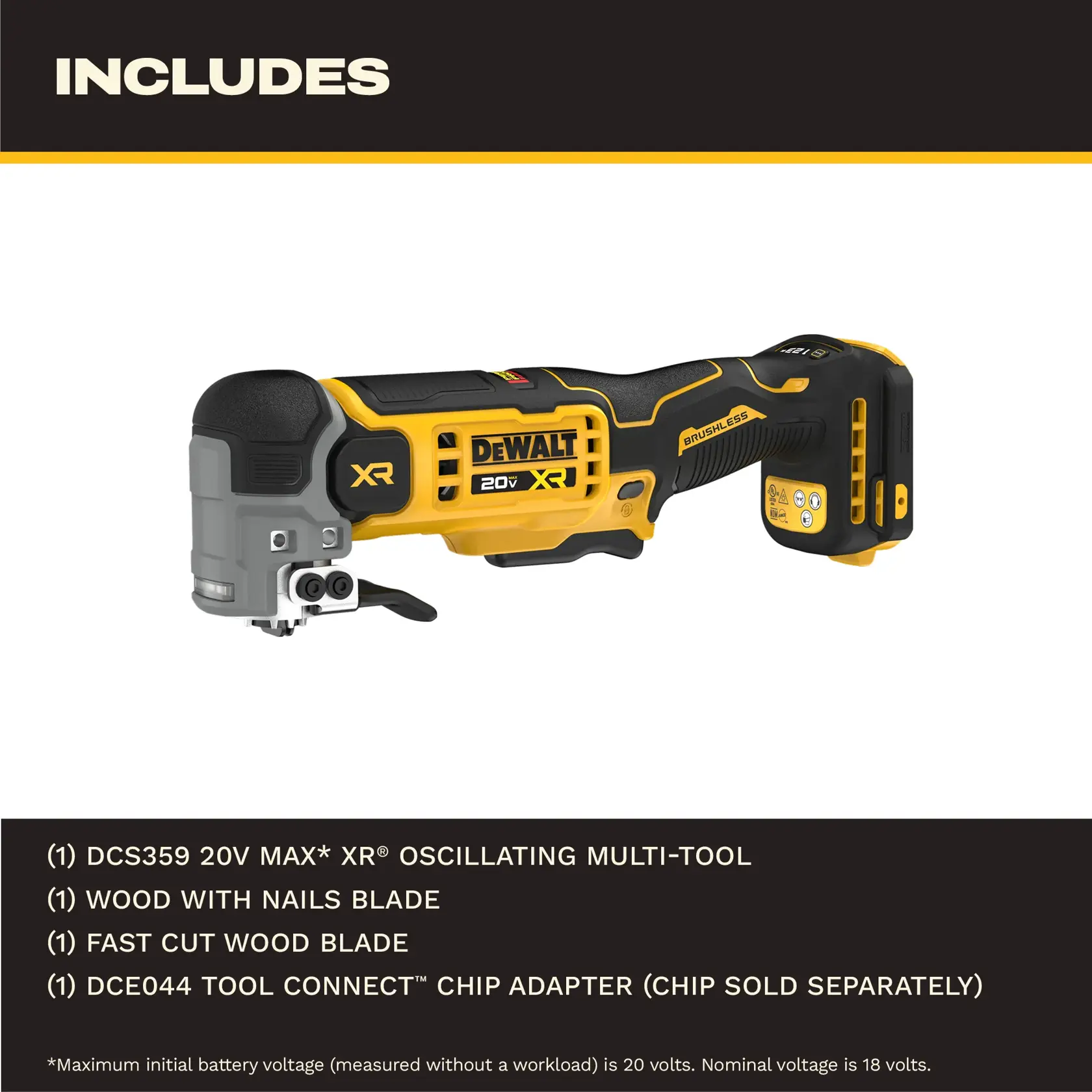 Outil multifonction oscillant DEWALT 20V MAX XR avec moteur sans balais, présenté avec des lames accessoires et un adaptateur de puce Tool Connect. Comprend la description des accessoires : lame pour bois avec clous, lame pour coupe rapide de bois et adaptateur de puce Tool Connect (puce vendue séparément).