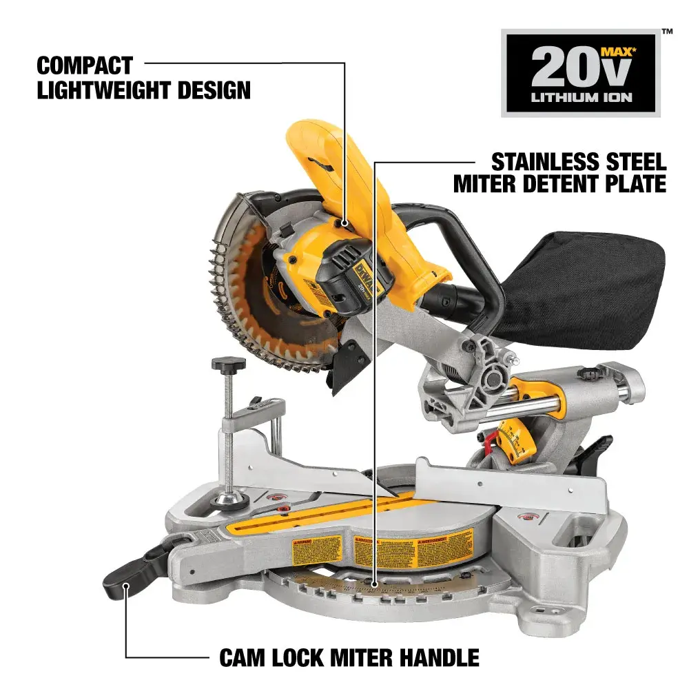 DEWALT DCS361B 20V MAX Lithium Ion miter saw, featuring a compact lightweight design, stainless steel miter detent plate, and cam lock miter handle. Highlighted features are labeled around the tool.