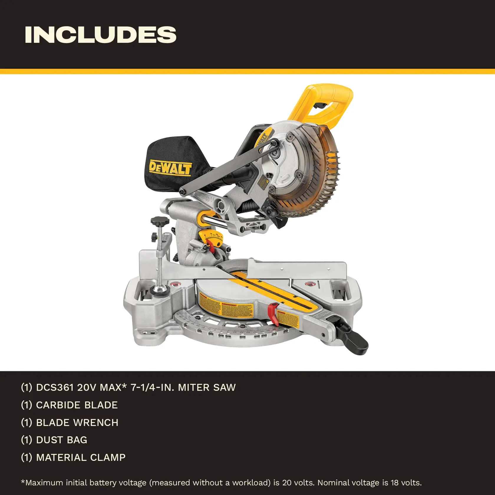 A person is carrying a compact, lightweight DEWALT miter saw (SKU: DCS361B) by its handle. The saw is gray and yellow, suitable for easy transport, and the image highlights its portability for use at job sites.