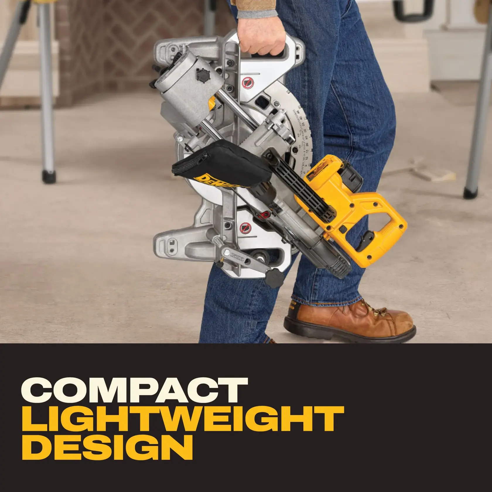 Close-up image of a DEWALT miter saw showing its stainless steel miter detent plate with measurement markings. The text below reads 'Stainless Steel Miter Detent Plate.'