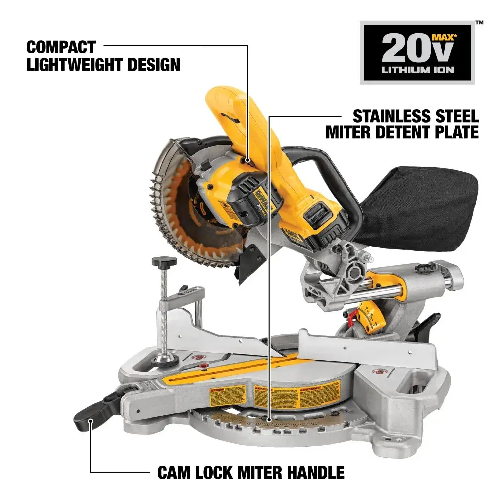 DEWALT 20V cordless miter saw with compact design, stainless steel plate and cam lock handle.