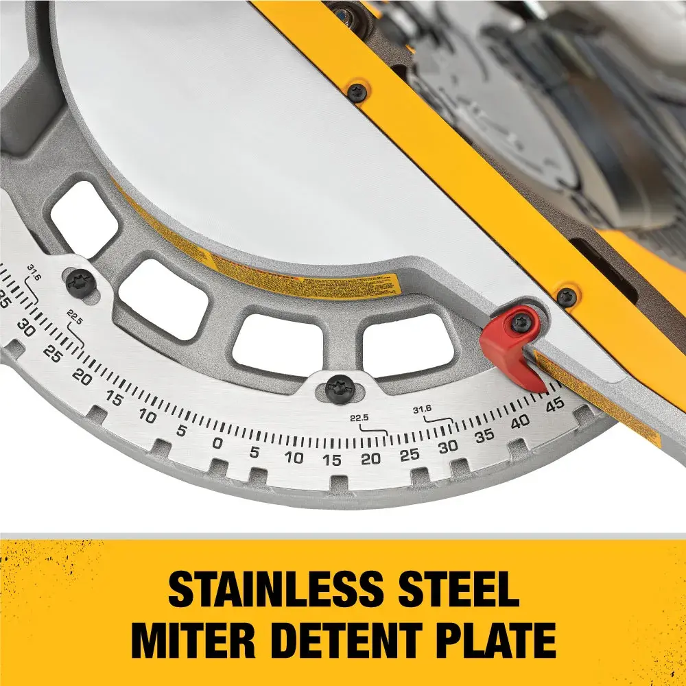 Close-up of DEWALT miter saw showing stainless steel miter detent plate and angle markings.