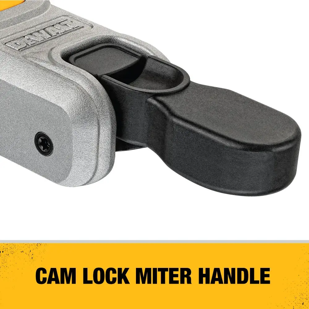 Close-up of a DEWALT cam lock miter handle with yellow label showing product feature.