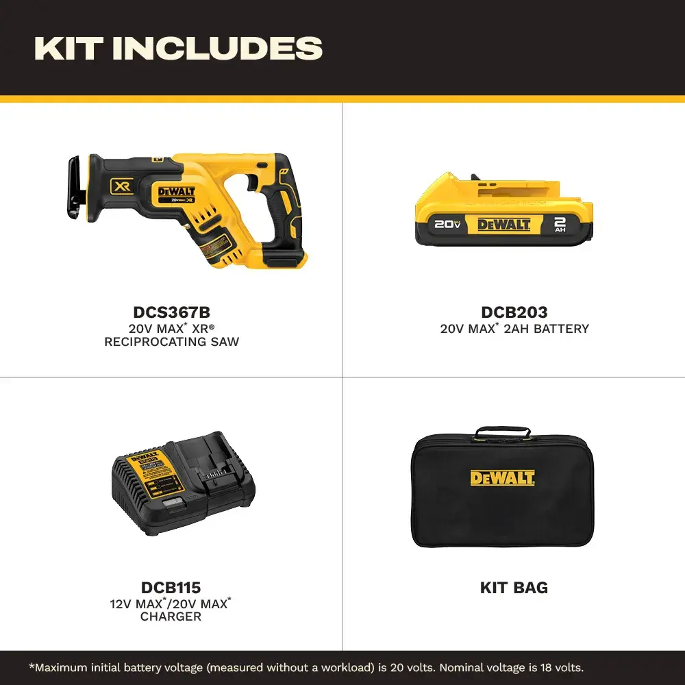 DEWALT DCS367D1 kit includes a yellow and black brushless compact reciprocating saw, a DCB203 XR Li-ion battery, a DCB112 charger, and a black kit bag with 'DEWALT' logo and 'Made in the USA with global materials' label.