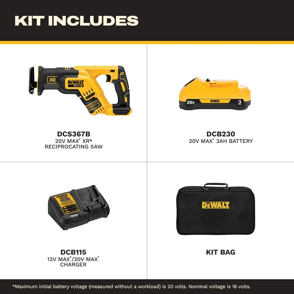 DEWALT 20V Max XR compact reciprocating saw kit, includes a yellow and black cordless reciprocating saw, 20V Max 3.0 Ah battery, charger, and a black carrying bag with DEWALT branding and 'Made in the USA with Global Materials' text.