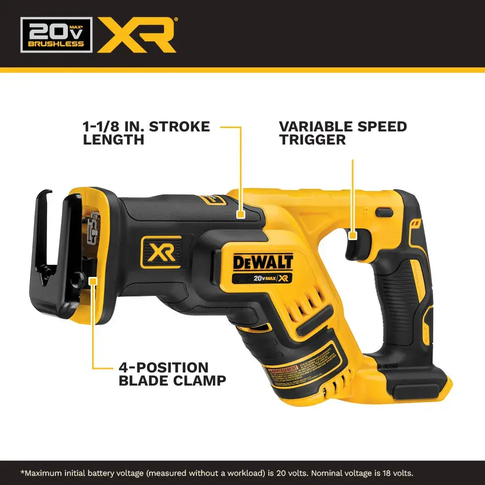 A DEWALT 20V MAX XR cordless reciprocating saw, model DCS367L1, shown in yellow and black. The image highlights key features: a 1-1/8 inch stroke length, a variable-speed trigger, and a 4-position blade clamp.