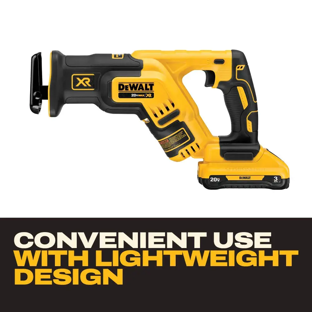DEWALT 20V MAX XR cordless reciprocating saw with black and yellow design. The image highlights its lightweight design for convenient use.