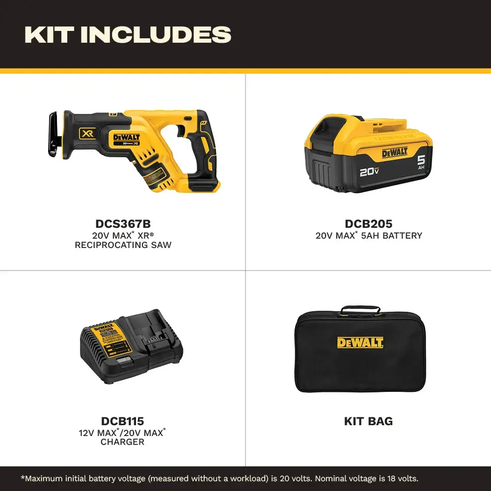 Image showing DEWALT DCS367P1 tool kit, which includes an XR brushless compact reciprocating saw, a DCB205 5.0Ah battery, a charger, and a kit bag. The kit bag is black with DEWALT branding and a label indicating the tool is made in the USA with global materials. The battery charger and saw are positioned next to the kit bag.