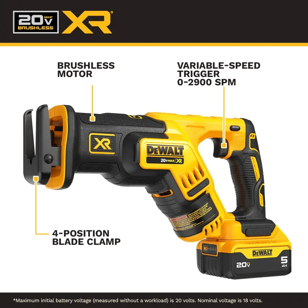 DEWALT 20V XR brushless reciprocating saw with 5Ah lithium-ion battery, featuring a brushless motor, variable-speed trigger (0-2900 SPM), and a 4-position blade clamp. The tool is primarily yellow and black, and highlighted product features are labeled in the image.