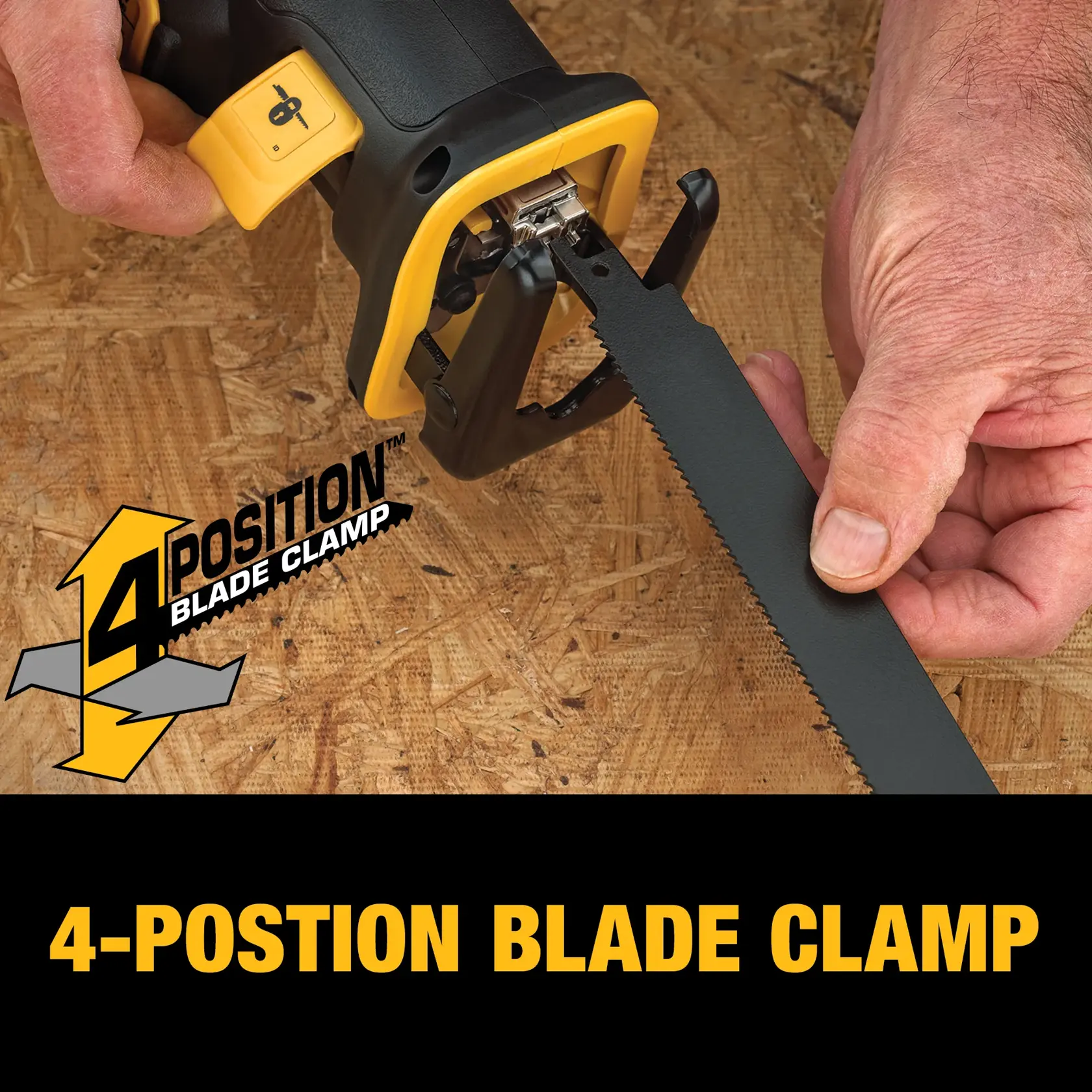 A close-up view of a person installing a blade into a DEWALT reciprocating saw on a wood surface, highlighting the 4-position blade clamp feature. The text and graphic emphasize the saw's versatility.
