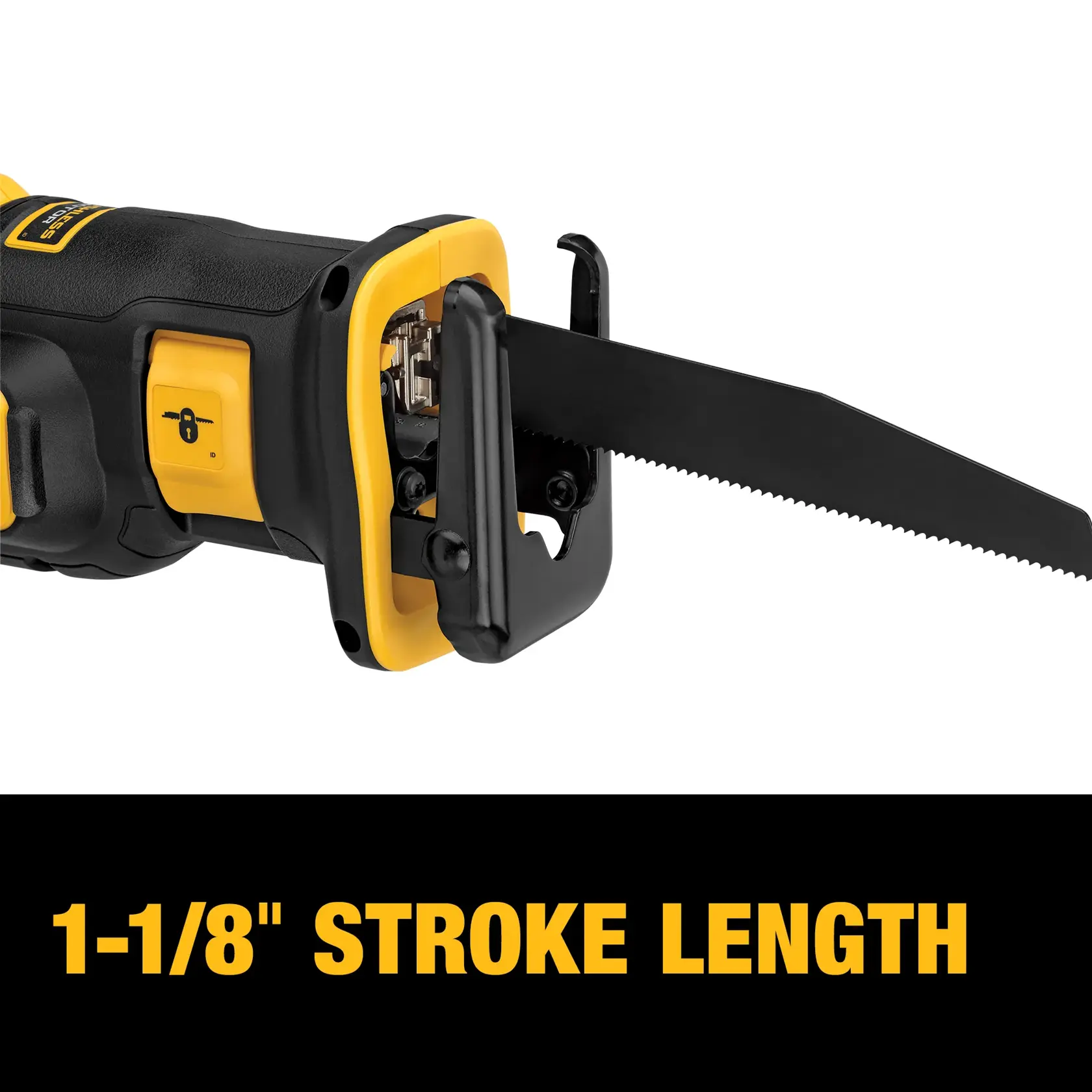 Close-up of a DEWALT reciprocating saw showing the blade and front mechanism, with text below stating '1-1/8" stroke length' in large yellow letters.