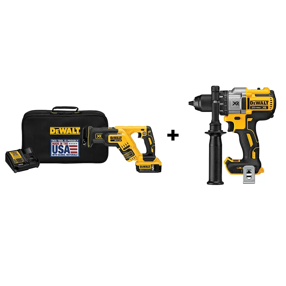 DEWALT cordless power tool set with a yellow and black reciprocating saw, drill, battery, charger, and a black carrying case.