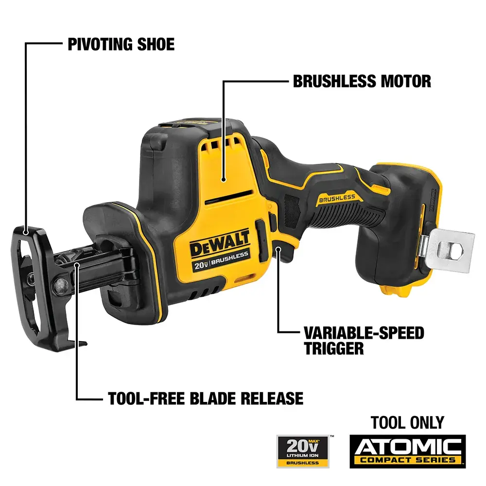 DEWALT 20V Atomic Compact Series cordless reciprocating saw with labeled features including a pivoting shoe, brushless motor, variable-speed trigger, and tool-free blade release. The image also notes this is tool only, without battery.