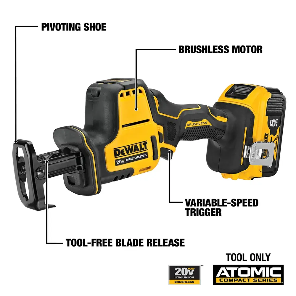 Image of a DEWALT 20V Atomic Compact Series reciprocating saw. Key features highlighted include a pivoting shoe, brushless motor, variable-speed trigger, and tool-free blade release. The image states 'tool only,' indicating no battery is included.