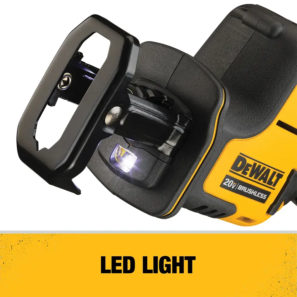 Close-up of a DEWALT 20V cordless tool showing the LED light near the blade area. The image highlights the LED light feature, with the text 'LED LIGHT' below the tool.
