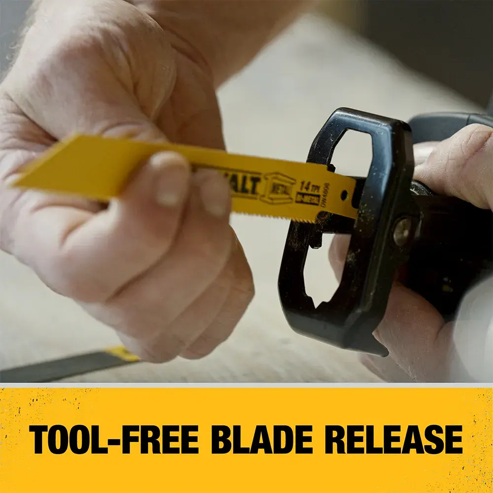 Close-up of a person changing a yellow DEWALT saw blade with a tool-free blade release mechanism, with the text 'TOOL-FREE BLADE RELEASE' at the bottom.