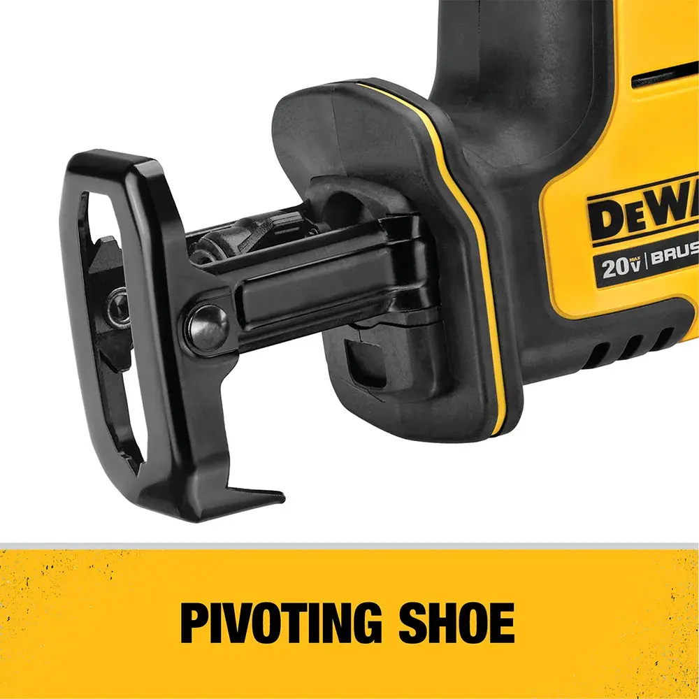 Close-up of the front part of a DEWALT 20V cordless power tool, focusing on its pivoting shoe feature, with a yellow label that says 'PIVOTING SHOE.'