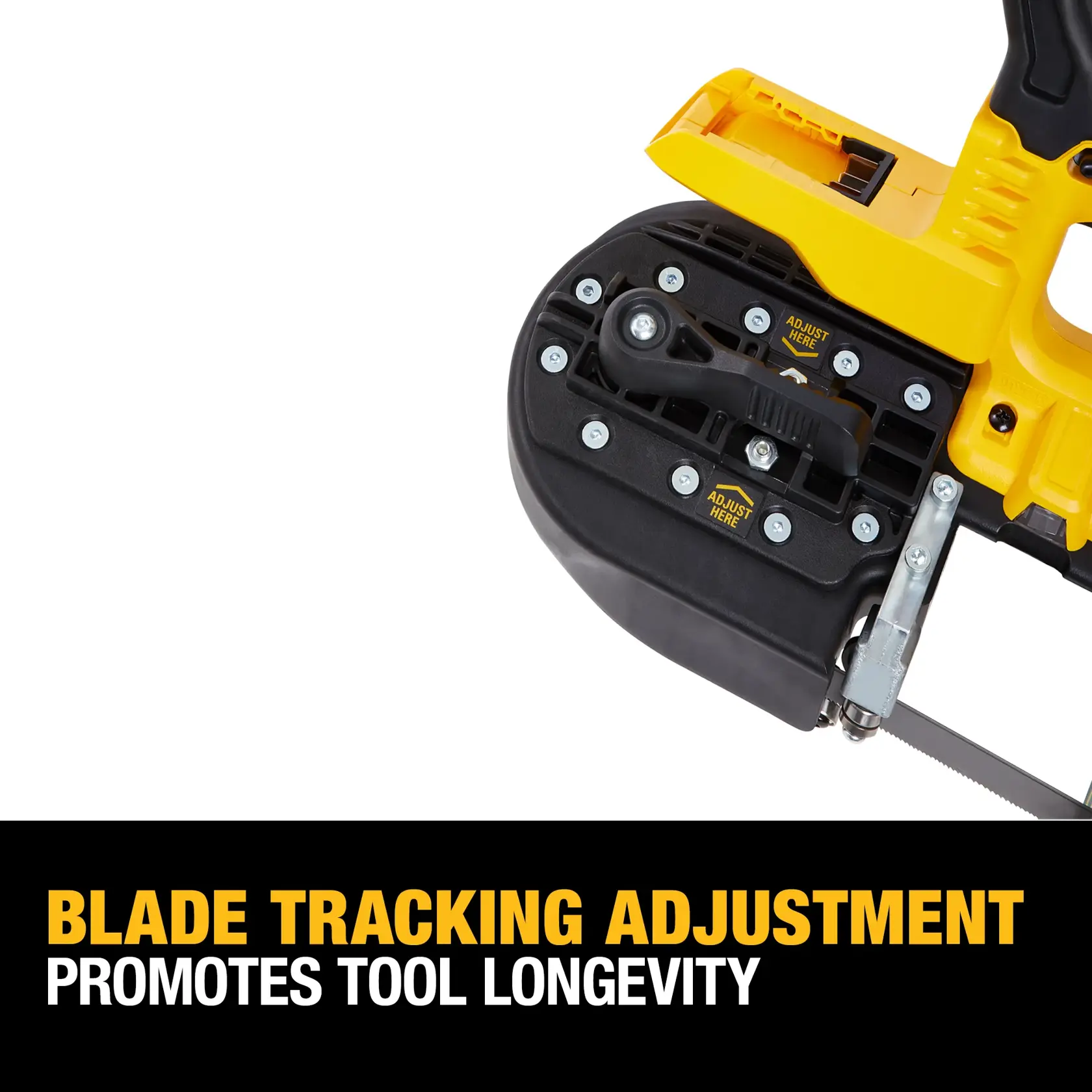 Close-up image of a DEWALT cordless band saw, highlighting the blade tracking adjustment feature. Text on the image reads: 'Blade Tracking Adjustment Promotes Tool Longevity.'