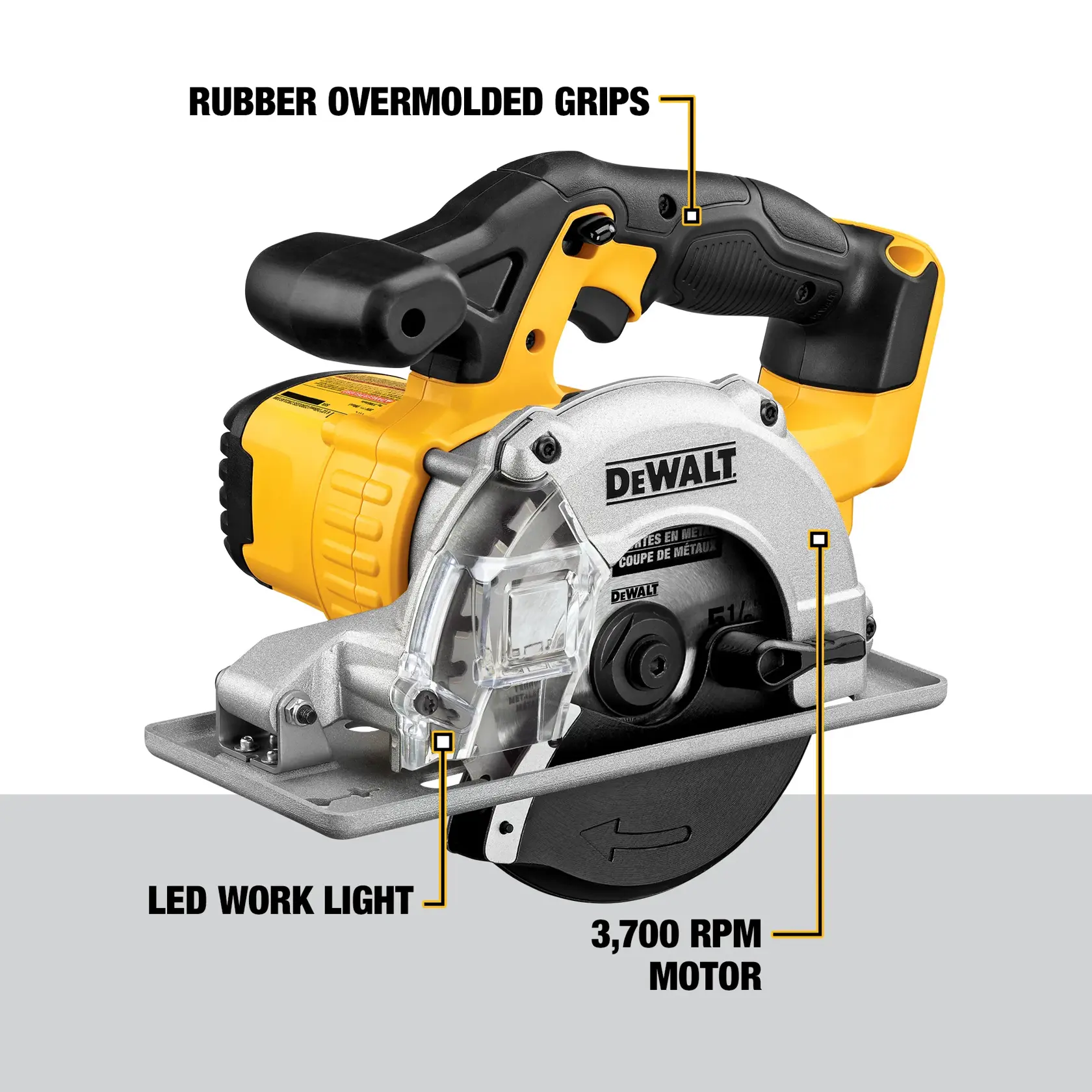 A DEWALT DCS373B power tool, a cordless circular saw with a black and yellow design, featuring rubber overmolded grips, a built-in LED work light, and a 3,700 RPM motor. Labeled features are indicated with lines and text.