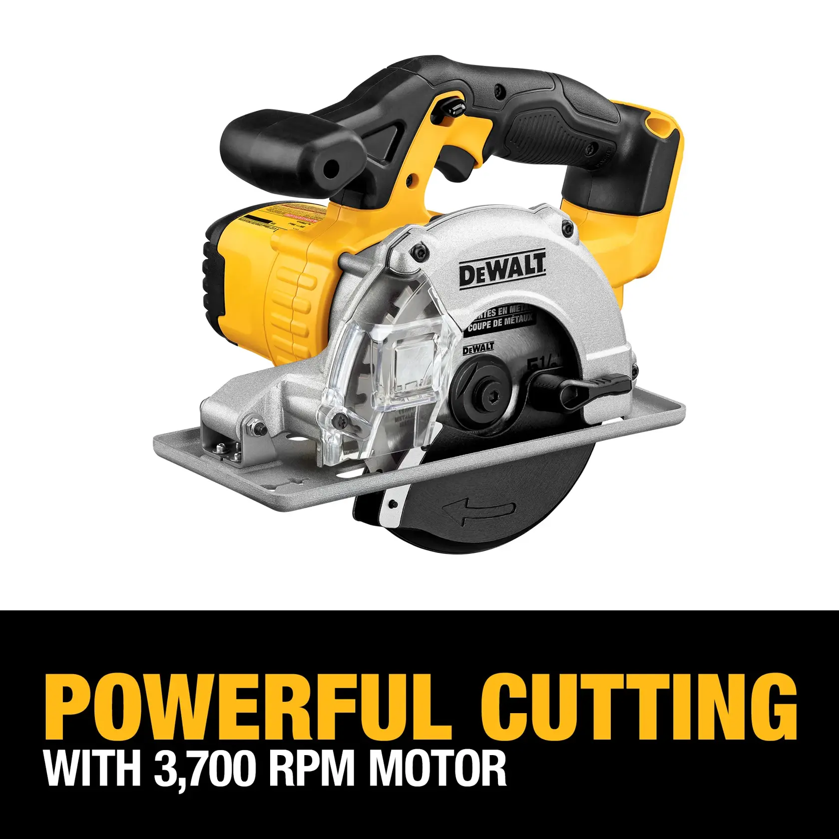 A DEWALT cordless circular saw with a robust design, featuring a powerful motor capable of 3,700 RPM. The tool is shown on a white background, with a text below highlighting its powerful cutting performance.