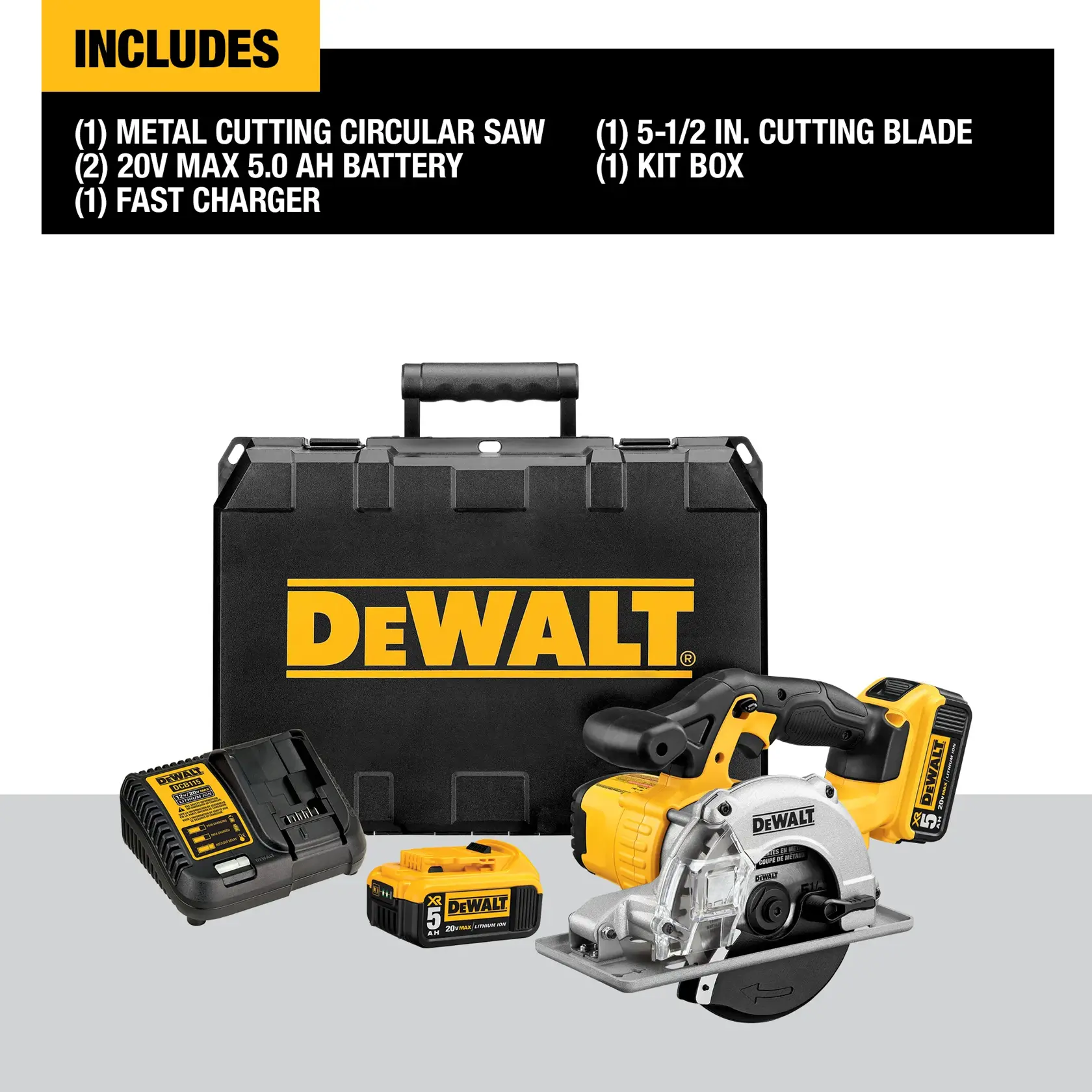 DEWALT metal cutting circular saw kit including a metal cutting circular saw, two 20V MAX 5.0Ah batteries, a fast charger, a 5-1/2 inch cutting blade, and a kit box. All items are shown in front of a black carrying case with the yellow DEWALT logo.