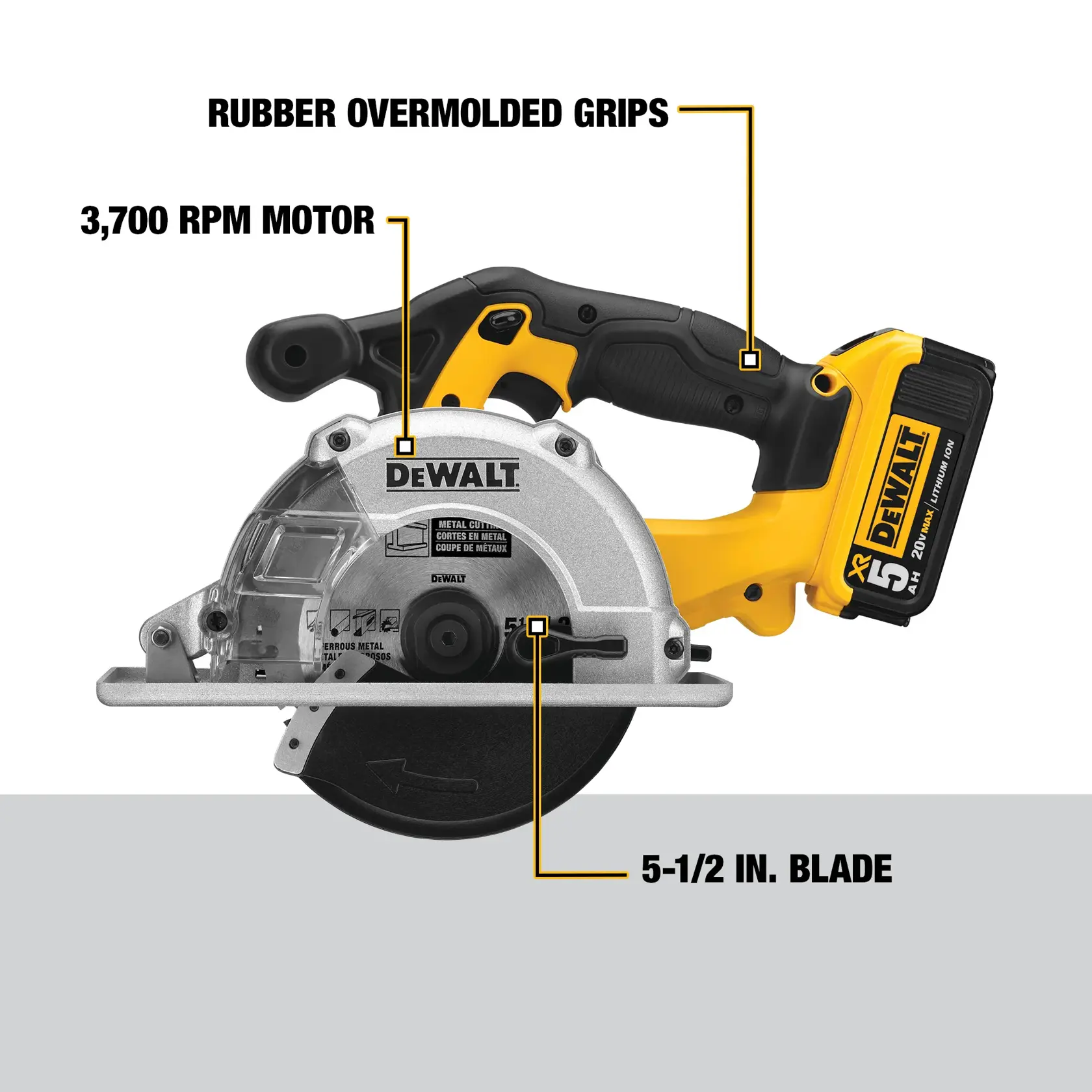A DEWALT cordless circular saw, model DCS373P2, is shown with callouts highlighting its main features: rubber overmolded grips, a 3,700 RPM motor, and a 5-1/2 inch blade. The saw is yellow and black with a visible DEWALT 20V battery attached.