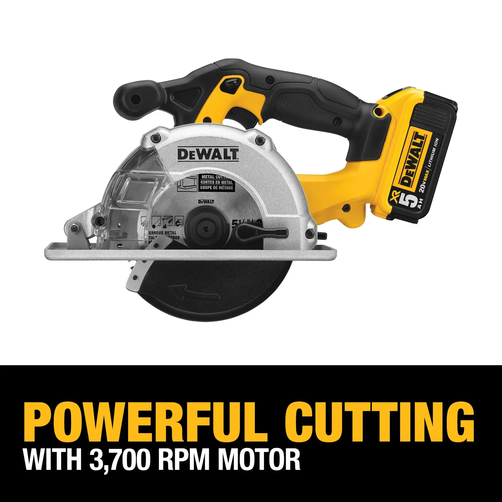 A DEWALT cordless circular saw with a 20V lithium-ion battery, showing the blade guard and ergonomic handle. Text underneath reads: 'Powerful cutting with 3,700 RPM motor.'