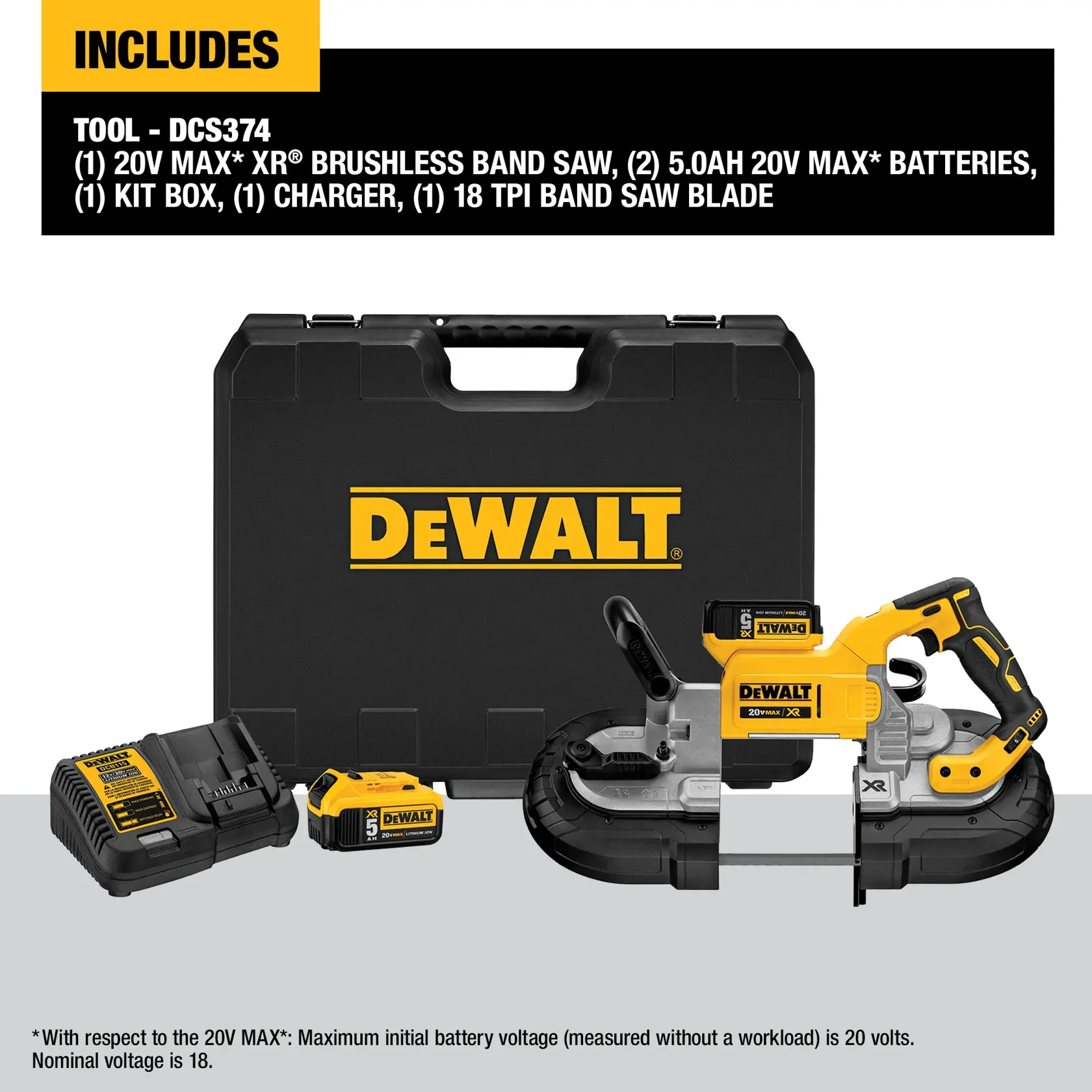 DEWALT DCS374P2 kit includes a 20V MAX XR brushless band saw, two 5.0Ah 20V MAX batteries, a kit box, a charger, and an 18 TPI band saw blade. The products are displayed in front of a black carrying case with DEWALT branding.