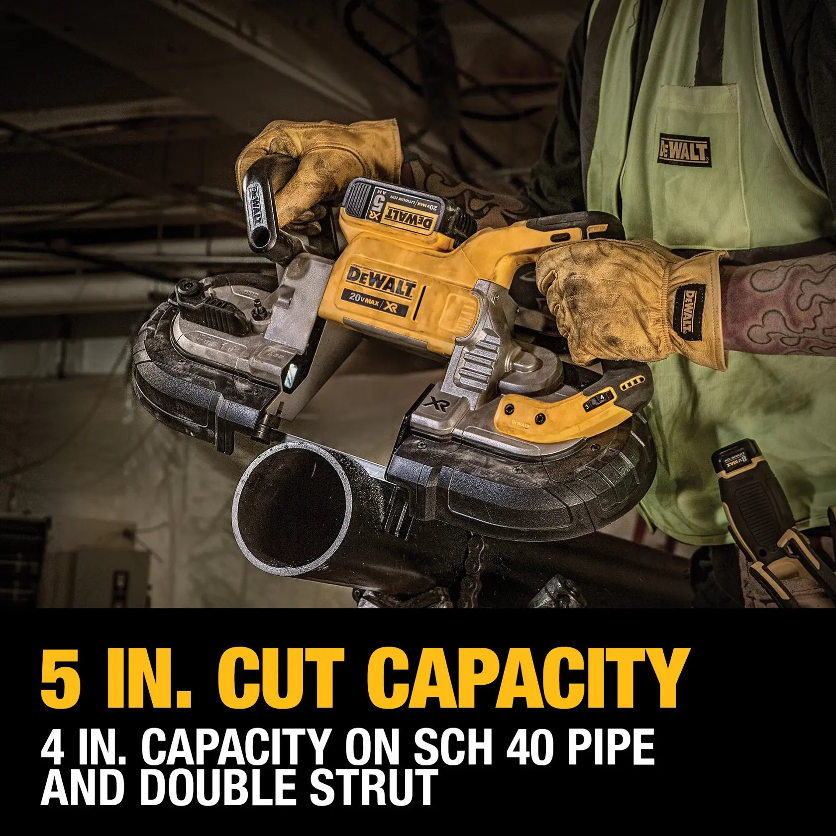 A DEWALT 20V MAX XR portable band saw held by a person wearing gloves and a tool vest, cutting a metal pipe. Bold text on the image highlights the saw's 5-inch cutting capacity and 4-inch capacity on Schedule 40 pipe and double strut.